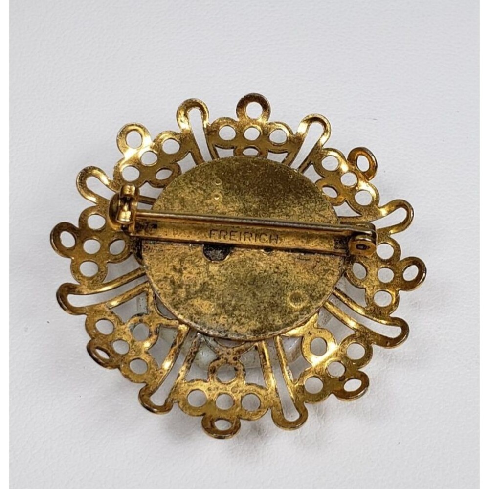 Vintage 1960's Signed Freirich White Cabochon Filigree Brooch Pin - Picture 11 of 15